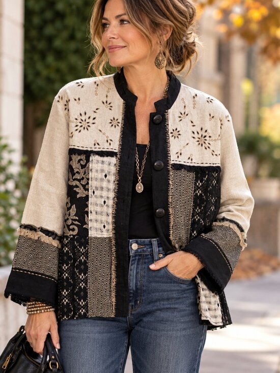 Flashback Jackets & Blazers - lashback Boho Art to Wear Patchwork Linen Jacket Embroidered Cottagecore M